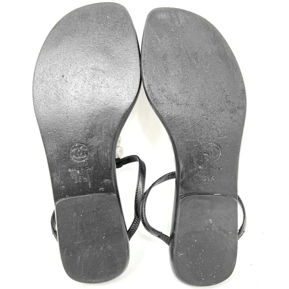 Chanel Black Leather CC Logo‎ Flat Thong Sandals 36.5 Vintage